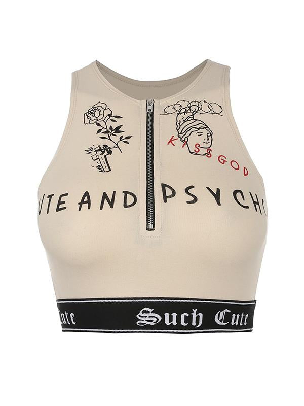 Sexy Wrap Letters Printed Zipper Vest Top