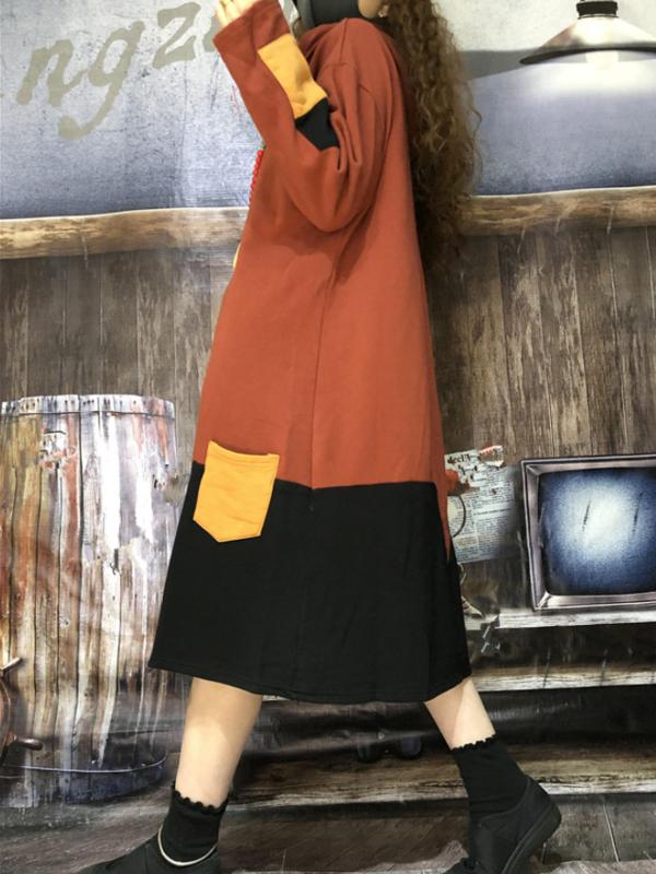 Buykud Color Block Spliced Hooded Loose Dress