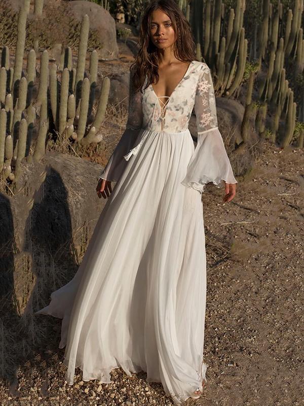 Printed Bandage Waisted Flared Sleeve Evening Dress