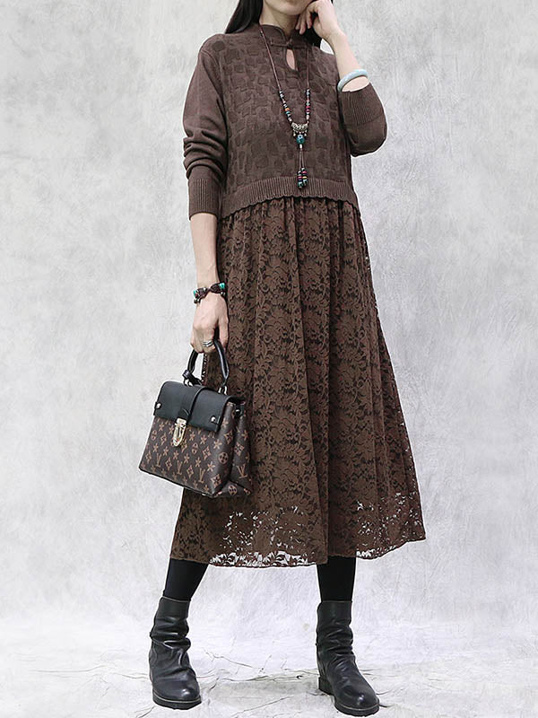 Artistic Retro Solid Color Split-Joint Buttoned Embroidered Hollow Lace Stand Collar Long Sleeves Knitted Sweater Dress