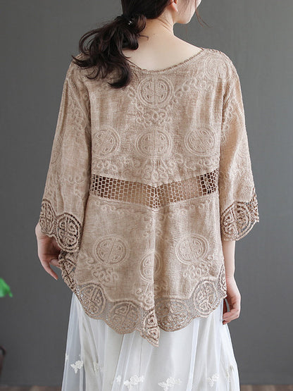 Cotton Blend Embroidered  Hollow V-Neck T-Shirts Tops