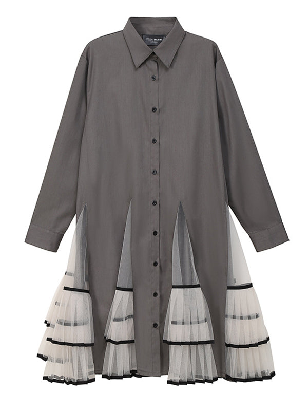 Loose Stitching Mesh Lapel Dress