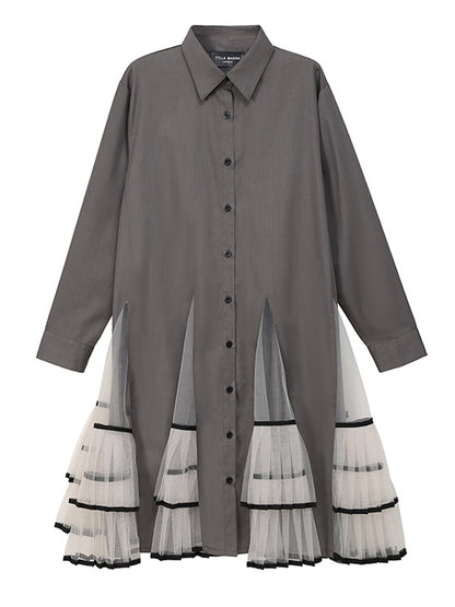 Loose Stitching Mesh Lapel Dress