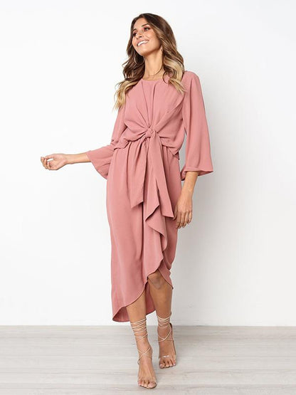 Solid Color Bandage Fabala Long Sleeves Midi Dress