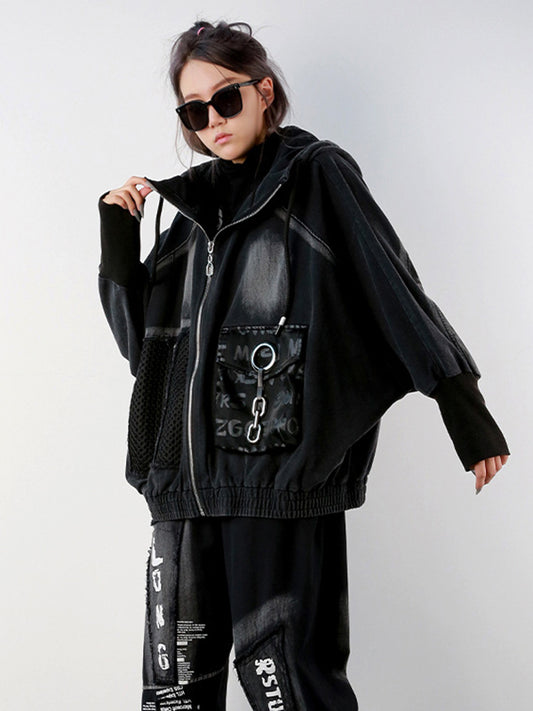 Stylish Cool Street Long Batwing Sleeves Letter Print Zipper Hooded Jackets&Coats
