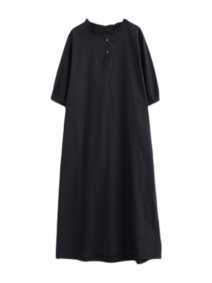Simple Casual Artistic Retro Loose Solid Color Falbala Ramie Cotton Midi Dress
