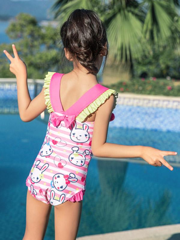 AONIHUA Bunny Printed Bowknot Decorated Girl Swimwear