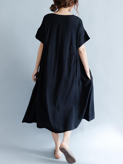 Black Polka-Dot Print Round-neck Midi Dress