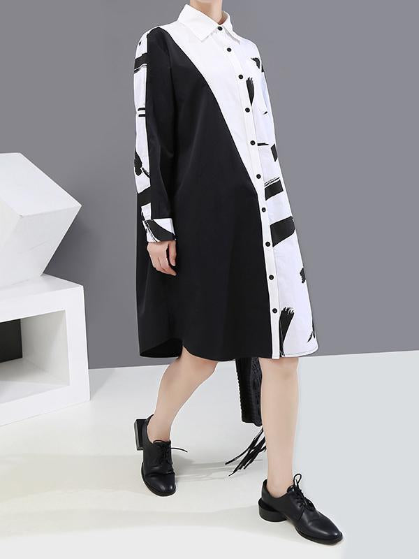 Long Split-Joint Lapel Printed Sleeve Midi Dress