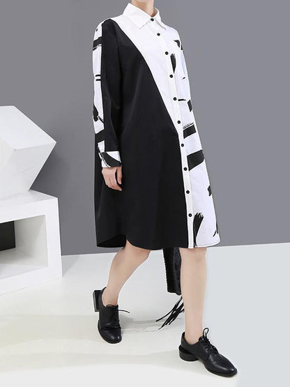 Long Split-Joint Lapel Printed Sleeve Midi Dress