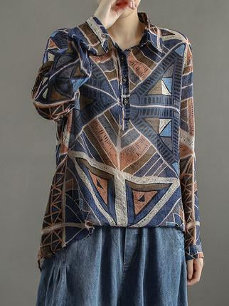 Artistic Retro Print Lapel Shirt Blouse Tops