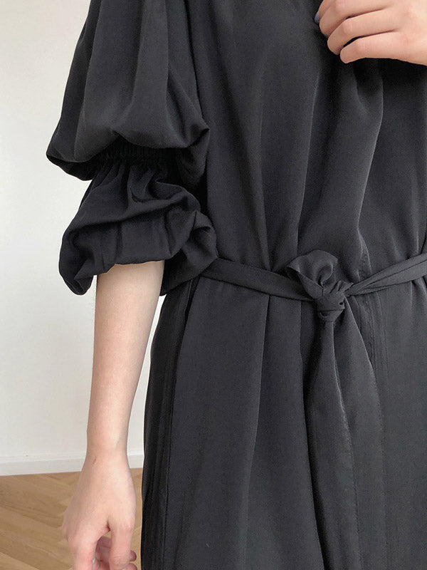 Fashion Split-Front Puff Sleeves V-Neck Midi Dress