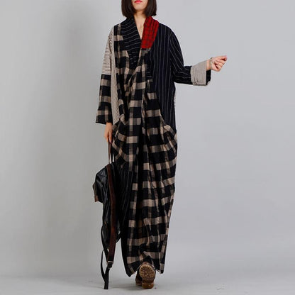 Buykud Stripe And Plaid Irregular Spliced Retro Loose Dress