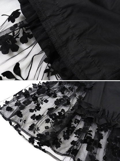 Stylish Mesh Hollow Embroidered Elasticity Split-Joint Strap Skirt