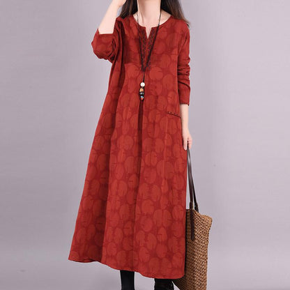 Buykud Dots Embroidery V-Neck Pullover Casual Loose Dress