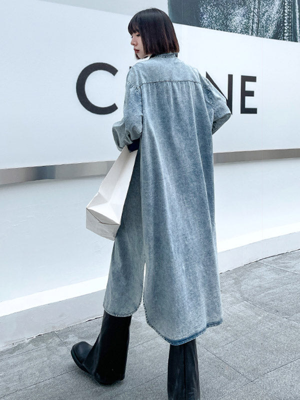 Simple Cool Raw Denim Split-Side Split-Joint With Pocket Buttoned Lapel Collar Long Sleeves Midi Shirt Dress