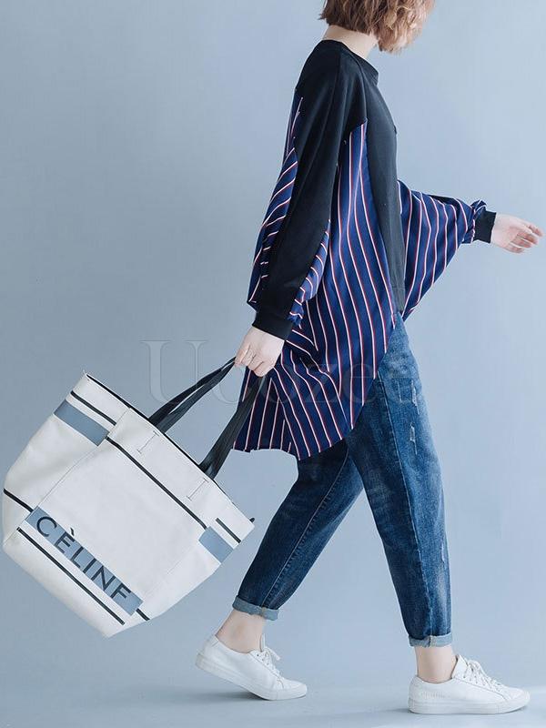 Loose Striped False-two Batwing Sweatshirt