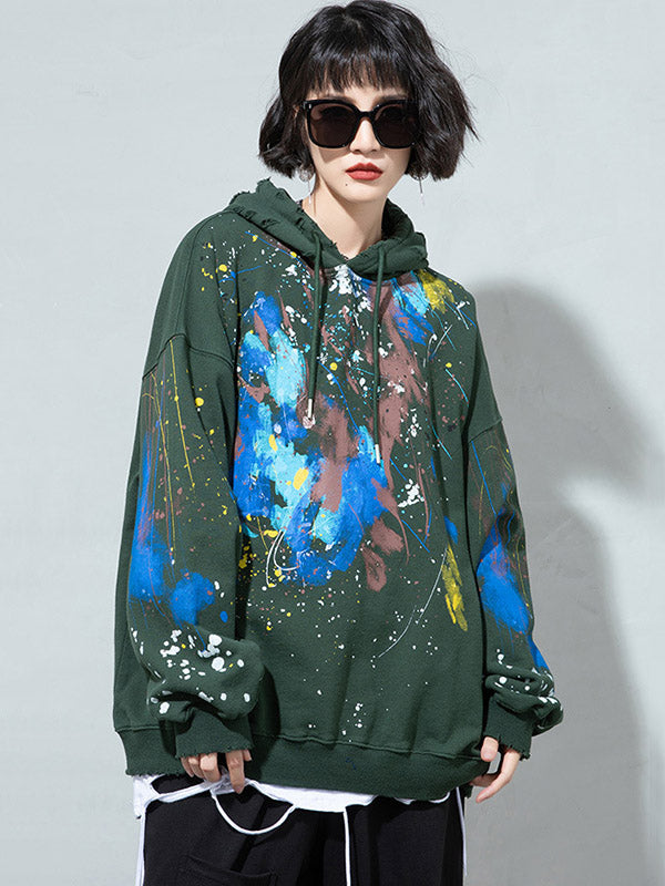 Fashion Printed Split-Joint Drawstring Hoodies Top