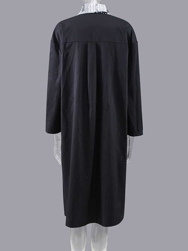 Original Printed Split-Joint Buttoned Lapel Collar Long Sleeves False Two Midi Dress