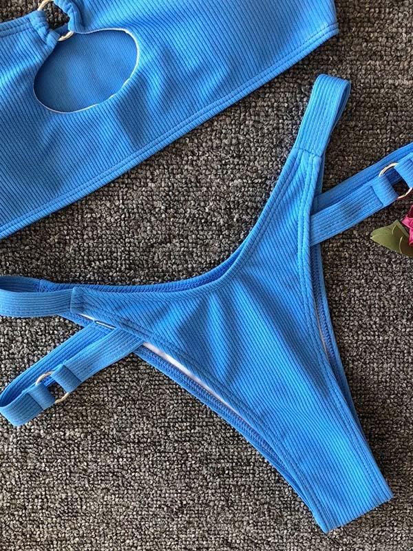Solid Color Hollow Bandage Split Bikini Swimsuit