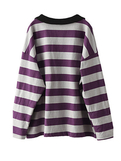 Casual Striped Contrast Color Long Sleeves Doll Collar Loose T-Shirt Tops