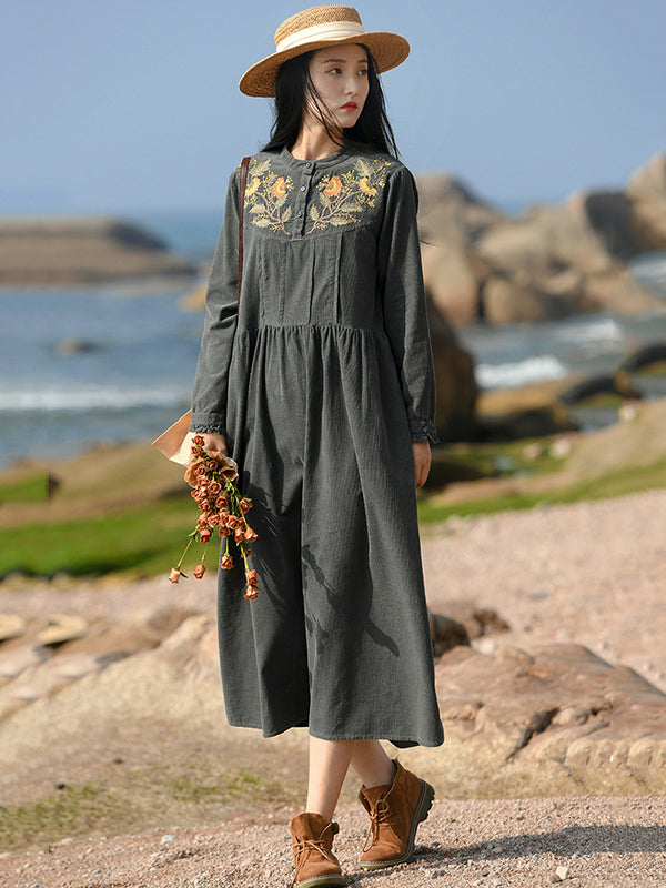 Vintage A-Line Loose Embroidered Stand Collar Midi Dresses