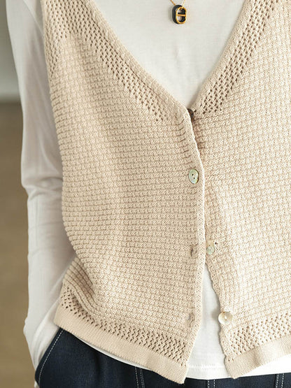 Simple Solid Color Buttoned V-Neck Hollow Vest Tops