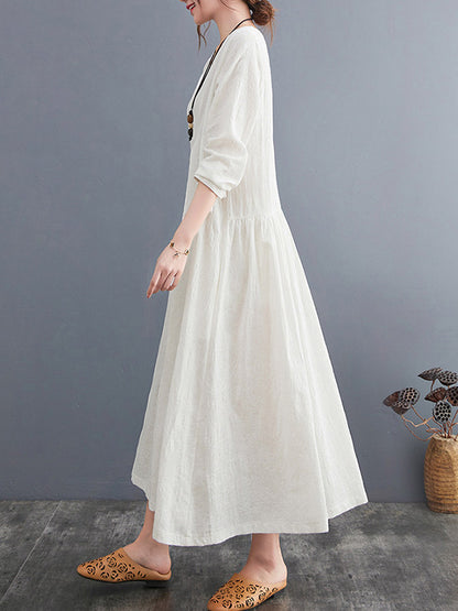 Casual Simple Solid Color Pleated Round-Neck Long Sleeves Midi Dress