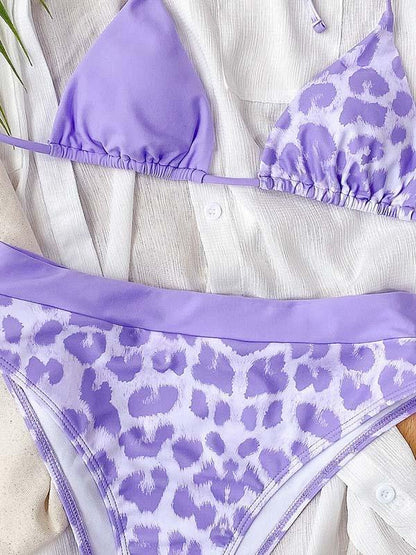 Asymmetric  Floral-Print Triangles Split Bikini Swimsuit