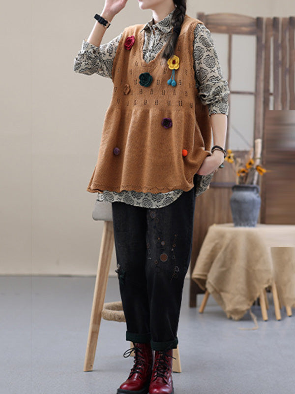 Vintage Knitting Sleeveless Applique V-Neck Vest Top