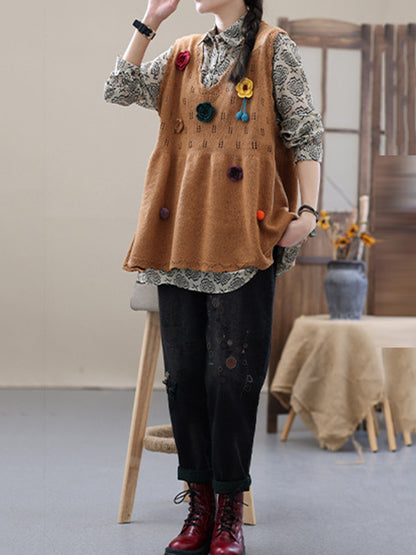 Vintage Knitting Sleeveless Applique V-Neck Vest Top