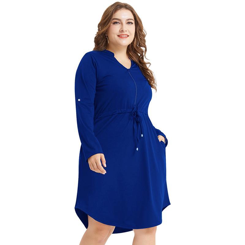 Plus Size Drawstring Solid Color Dress