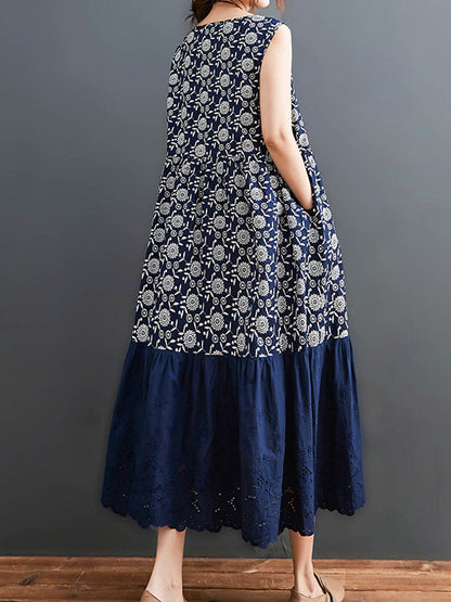 Loose Ramie Cotton National Printed Split-Joint Hollow Pleated Round-Neck Sleeveless Midi Dress