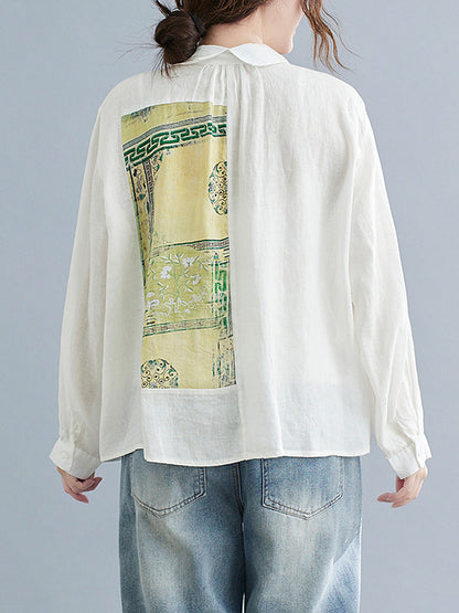 Artistic Retro National Printed Split-Joint Pleated Lapel Collar Long Sleeves Blouse