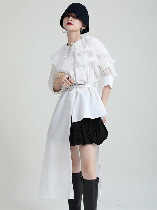 Stylish Irregular 4 Colors Split-Joint Pleated Mesh Falbala Buttoned Lapel Collar Bishop Sleeves Blouse