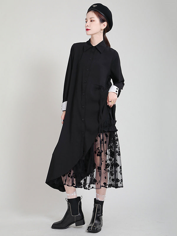 Original Irregular Split-Joint Buttoned Tied Lapel Collar Long Sleeves Midi Dress