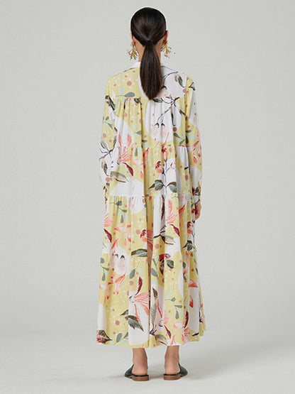 Stylish Buttoned Printed Loose Long Sleeves Midi Dress