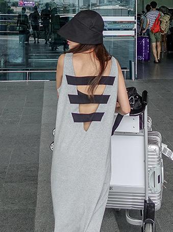 Gray Backless Sleeveless Split-side Long T-shirt Dress