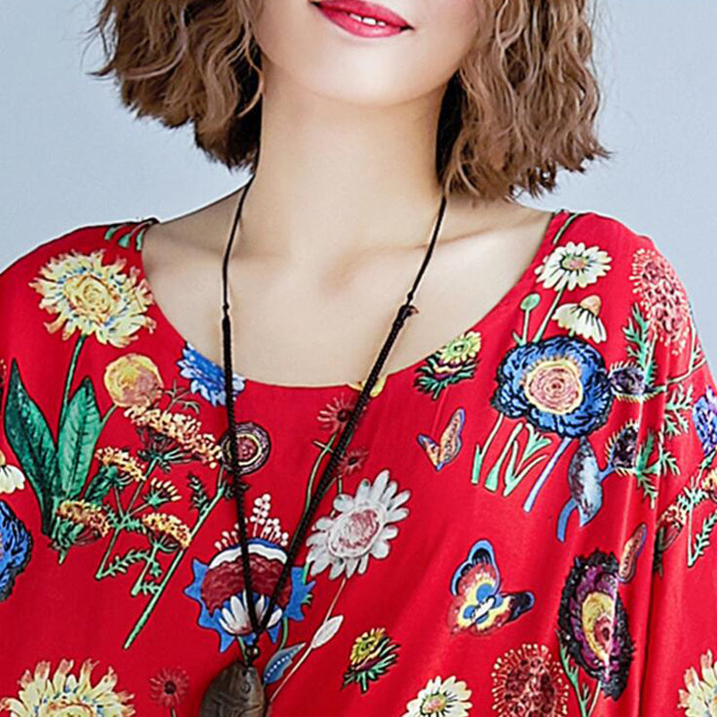 Vintage Loose Pleated Floral Printed Short Sleeves Midi Dress