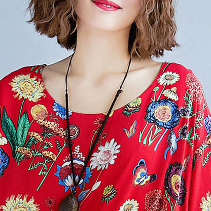 Vintage Loose Pleated Floral Printed Short Sleeves Midi Dress
