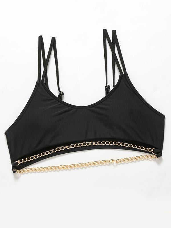 Solid Color Chain Split Bikini Swimsuit