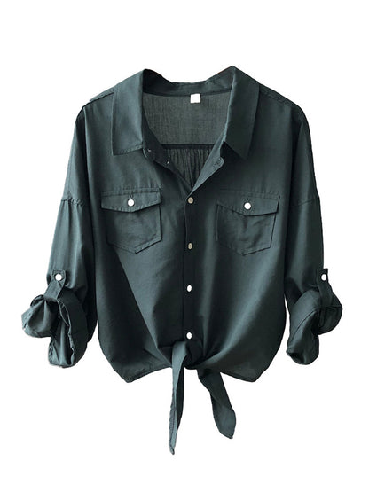 Urban Simple Solid Color Buttoned Split-Joint With Pocket Lapel Collar Long Sleeves Blouse
