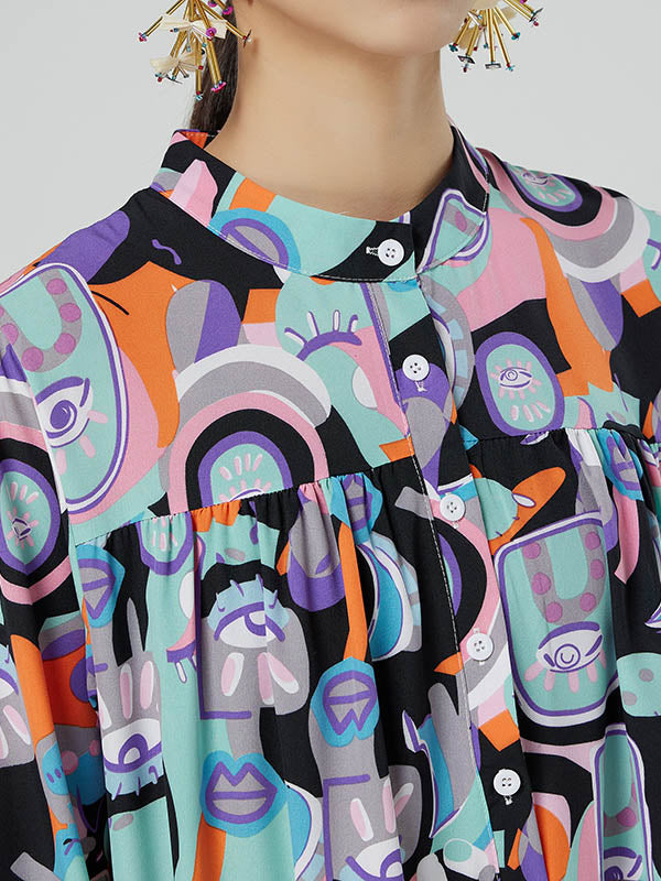 Original Abstract Printed Stand Collar Long Sleeves Midi Dress