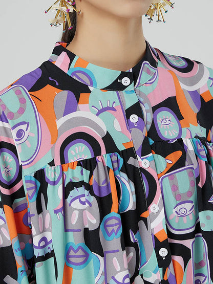 Original Abstract Printed Stand Collar Long Sleeves Midi Dress