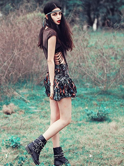 Retro Floral Printed Hollow T-shirt