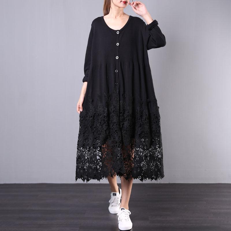 Buykud Hollow Out Embroidery Casual Loose Knitted Dress