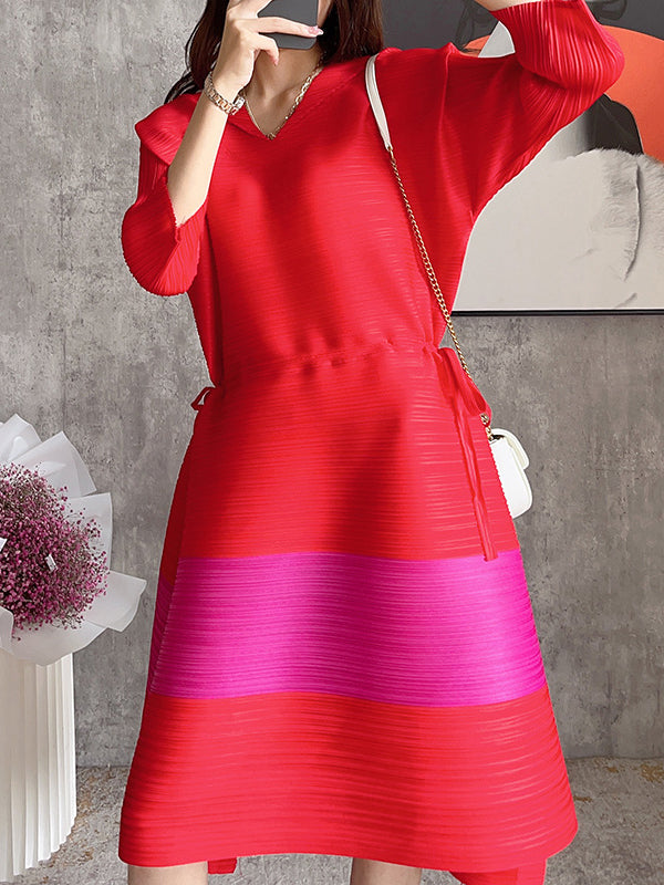 Fashion Irregular Contrast Color Pleated Drawstring Midi Dress