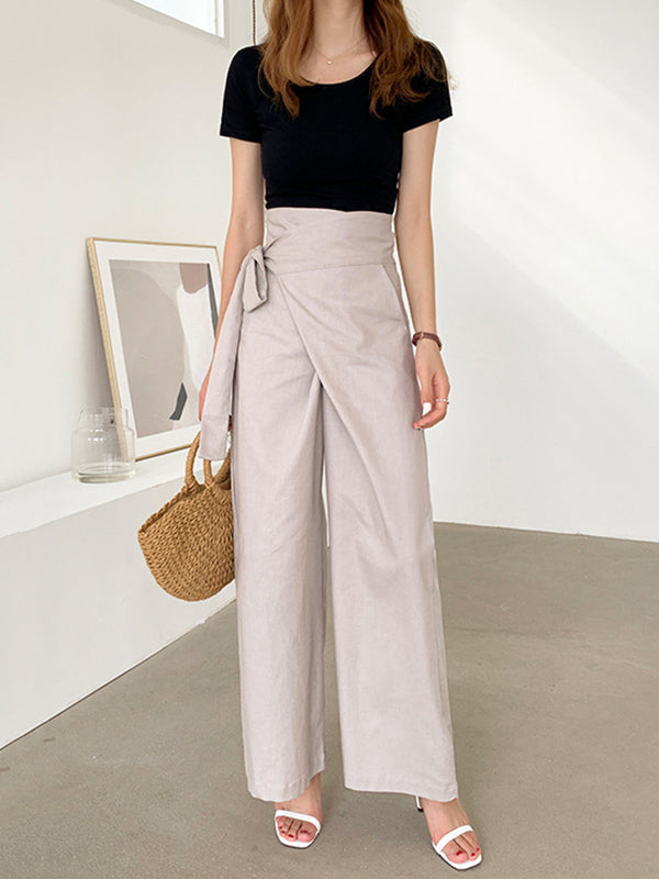 Simple 9 Colors Ramie Cotton Tied High-Waisted Pants
