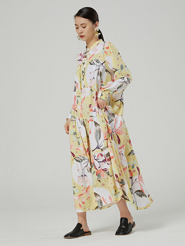 Stylish Buttoned Printed Loose Long Sleeves Midi Dress