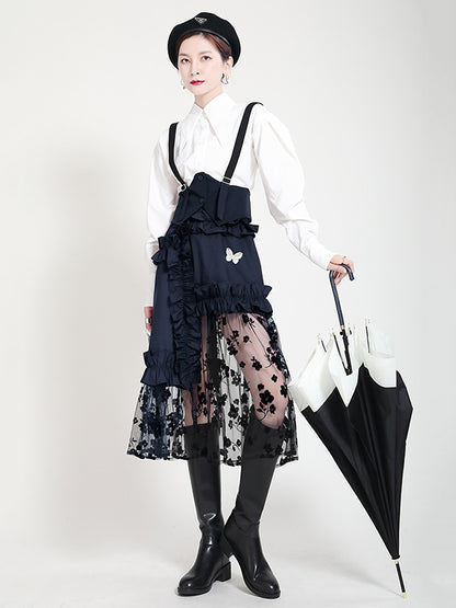 Stylish Mesh Hollow Embroidered Elasticity Split-Joint Strap Skirt